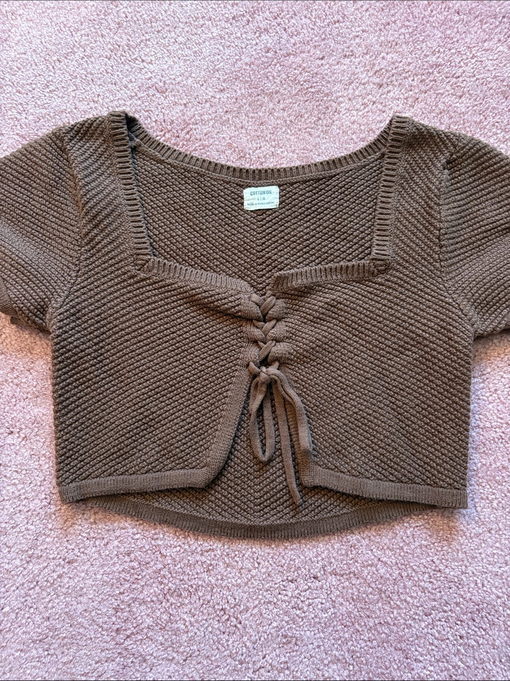 Brown Lace-Up Knit Cropped Top Cotton On Size Large